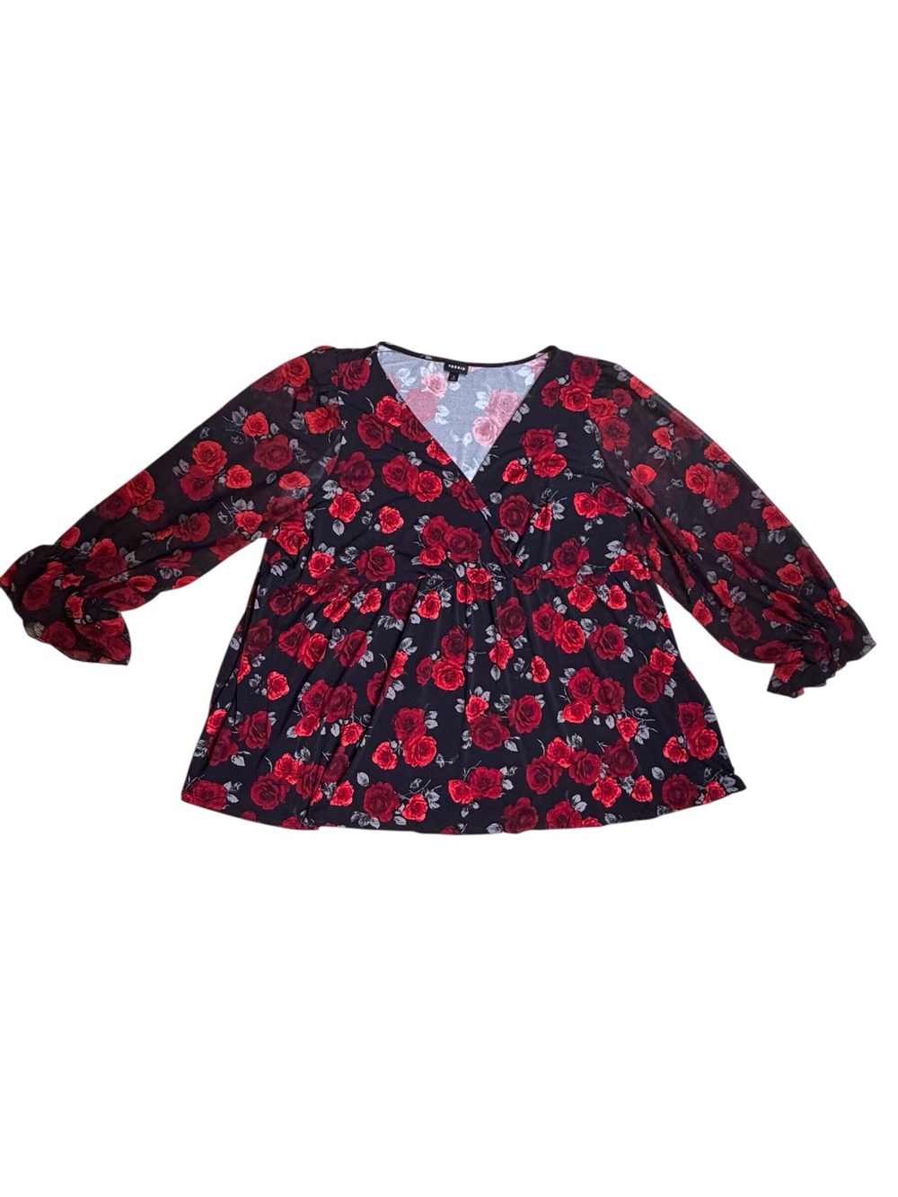 Torrid black and red floral long sleeve v neck babydoll blouse women’s size 5X